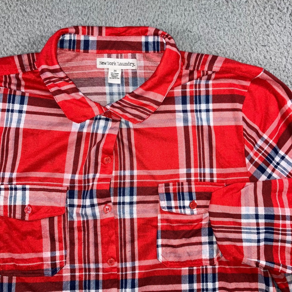 Plaid Button Up Shirt Plus 3X Red L/S Pockets Layering Western Outdoor Americana